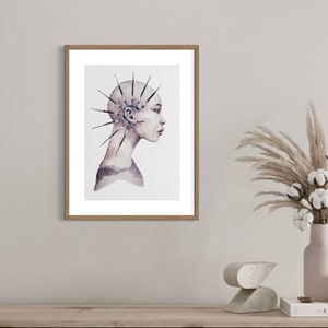 May include: A watercolor painting of a person's head with a crown of sharp, silver spikes. The person has a shaved head and is looking to the side. The background is a light purple.