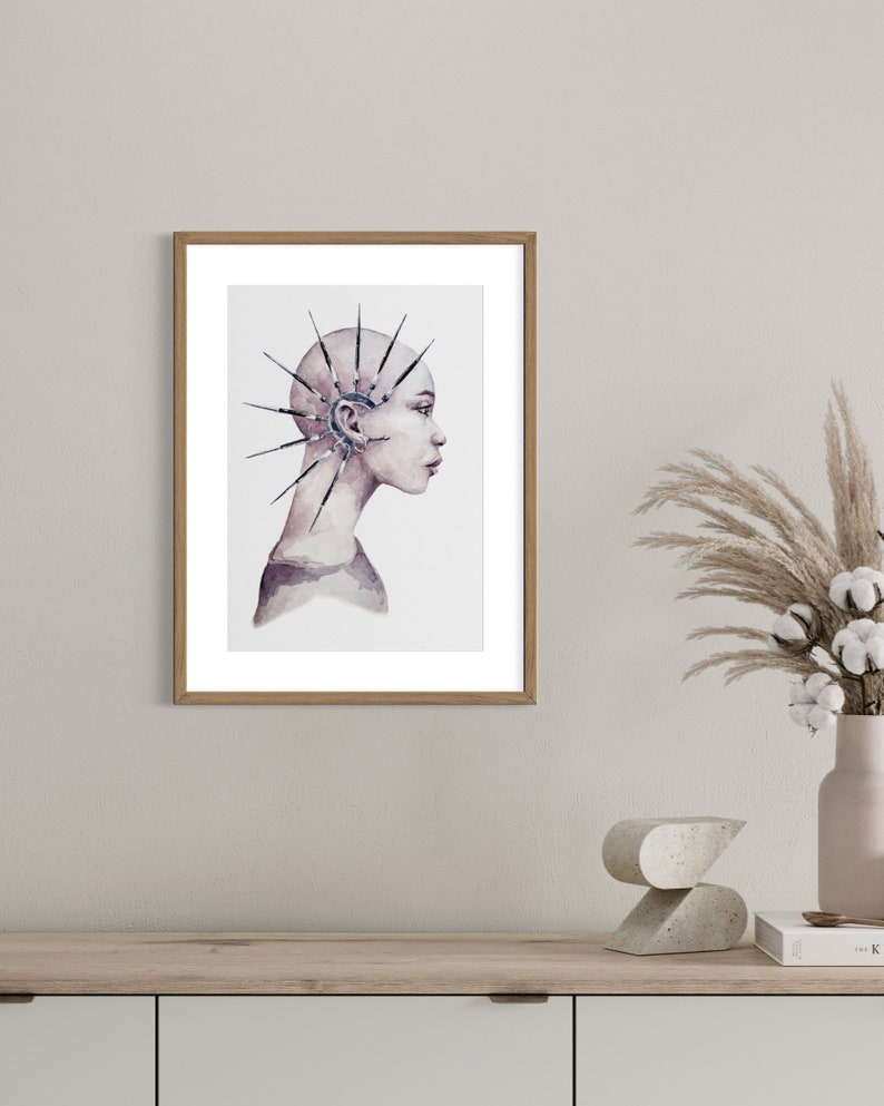 May include: A watercolor painting of a person's head with a crown of sharp, silver spikes. The person has a shaved head and is looking to the side. The background is a light purple.