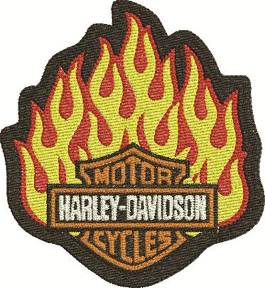Harley Davidson Patch With Flames Logo. Design for Embroidery Machine, 2  Sizes. 