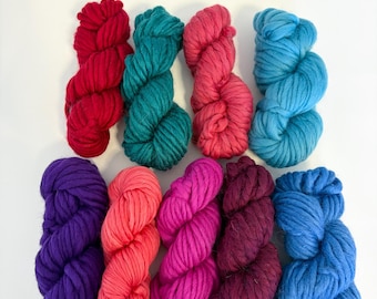 Weaving Yarn Bundle Jewel Tones, chunky bulky wool yarn, DHG Piuma, magenta weaving fibre kit, jumbo merino pencil roving, purple art yarn