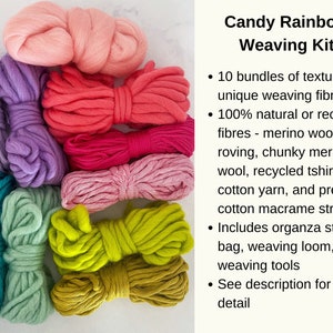May include: A rainbow assortment of 10 yarn bundles for weaving. The yarn is made from natural and recycled fibers, including merino wool, chunky merino wool, recycled t-shirt yarn, cotton yarn, and cotton macrame string. The kit includes an organza storage bag, weaving loom, and weaving tools. Candy Rainbow Weaving Kit.