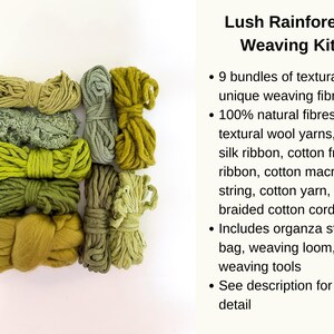 May include: A Lush Rainforest Weaving Kit with nine bundles of green and yellow textural weaving fibers. The kit includes natural wool yarns, silk ribbon, cotton frizz ribbon, macrame string, cotton yarn, and a braided cotton cord. The kit also includes an organza storage bag, weaving loom, and weaving tools.