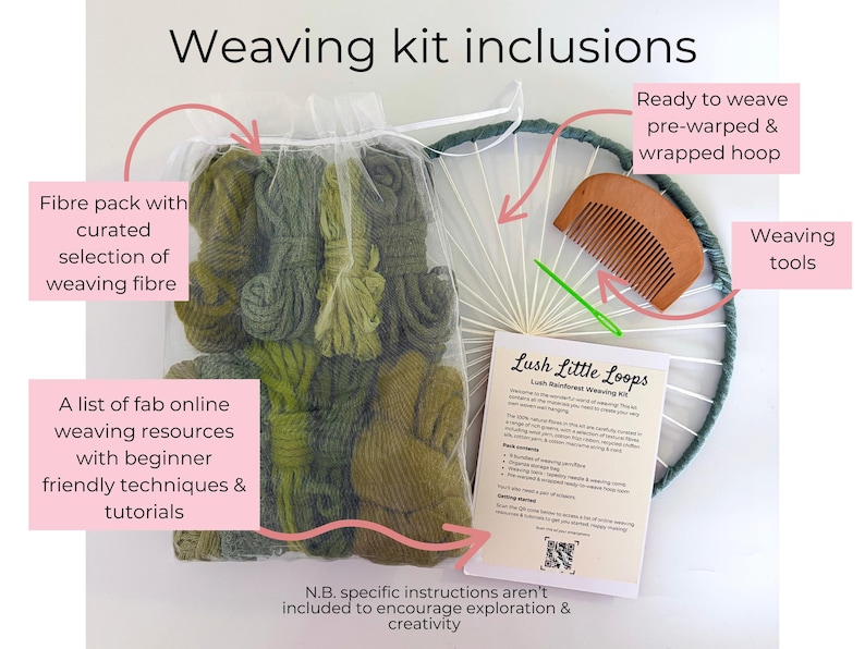 May include: A weaving kit with a clear bag of green weaving fiber, a pre-warped hoop, weaving tools, and a list of online resources. The kit includes a variety of green shades. The text on the kit reads "Lush Little Loops".