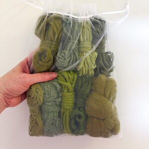 May include: A clear, drawstring bag filled with various shades of green yarn. The yarn is bundled and tied, showcasing a range of textures and hues, from light olive to deep forest green. The bag is held by a hand against a white background.