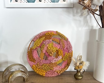Woven Wall Hanging Rose Gold, eclectic decor wall, pink decor bedroom, gift from daughter, pretty office decor, mustard yellow circular art