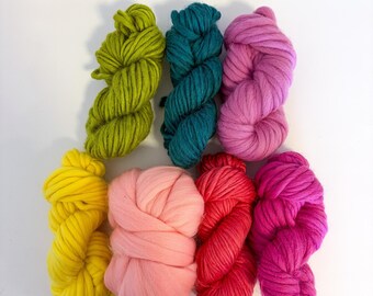 Yarn Bundle Rainbow Bright, chunky bulky wool yarn, weaving fibre kit, jumbo merino pencil roving, yellow orange red pink, weavers pack