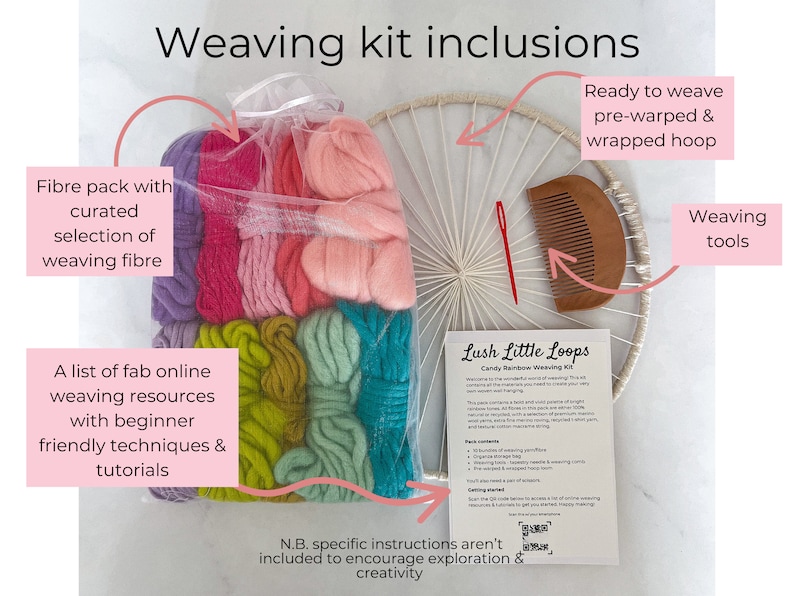 May include: A weaving kit with a pre-wrapped hoop, a bag of colorful yarn, weaving tools, and instructions. The kit includes a list of online resources for beginners. "Lush Little Loops Candy Rainbow Weaving Kit" is printed on the instructions.