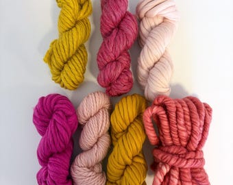 Weaving Yarn Bundle Mustard and Pink, chunky bulky wool yarn, DHG Piuma, yellow weaving fibre kit, jumbo merino pencil roving art yarn