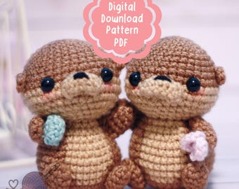Padrão de crochê de lontra em PDF | Lontra amigurumi segurando uma concha | Padrão de crochê de animal fofo e kawaii | Presente de pelúcia fácil de fazer