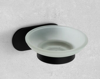 Ambrosya - Zeephouder van roestvrij staal voor klevend gebruik - Zeephouder kom glas zeepbakje zeepbakje toilet WC badkamer zwart