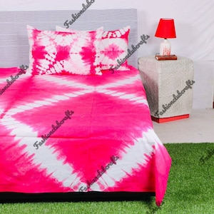 Cotton Beautiful Red Pink Tie Dye Rhombus Print Bedsheet With 2  Pillow Cover Handprint Attractive Color Bedcover Indian Home Accessories