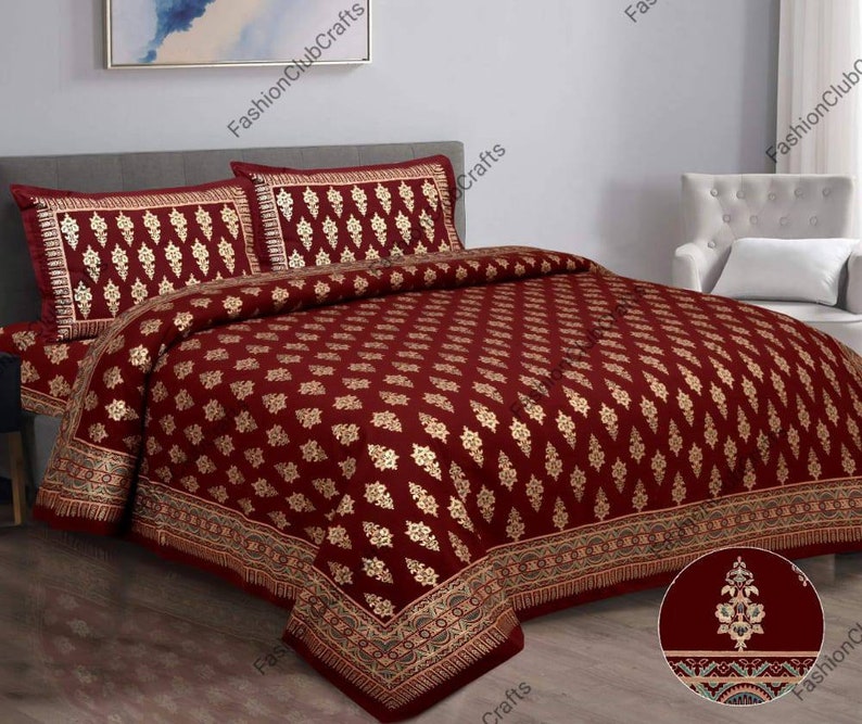 Jaipuri Gold Print Bedsheets Wall Hangings Indian Decoration Etsy