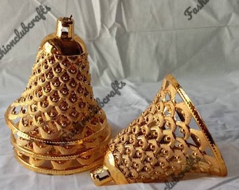 10 Piece Lot 2.5 Inches Golden Bell Christmas Tree Decoration Crafting Material Plastic Bell with Beautiful Design Indian Wedding Decoration