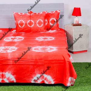 Cotton Beautiful Red Tie Dye Circular Print Bedsheet With 2  Pillow Cover Handprint Attractive Color Bedcover Indian Home Accessories Decor