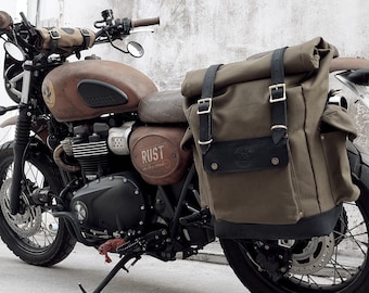 Motorcycle Pannier Saddlebag Waterproof Waxed Canvas Multi Fit (Military Green) Triumph T100/T120/Street Scrambler/Bonneville/Royal Enfield