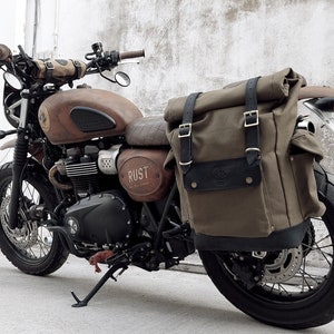 Motorcycle Pannier Saddlebag Waterproof Waxed Canvas Multi Fit (Military Green) Triumph T100/T120/Street Scrambler/Bonneville/Royal Enfield