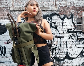 Sissybar Duffle Bag Waxed Canvas Chopper Bobber Custom | R9Kustoms Military Green