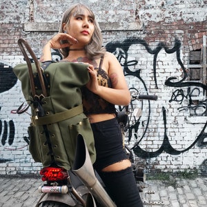 Motorcycle Sissy Bar Duffle Bag Waxed Canvas Chopper Bobber Custom | R9Kustoms Military Green