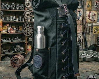 Bolsa Sissybar Harley Davidson Chopper Softail Rolltop em Lona Encerada (Preta)