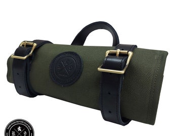 R9Kustoms Military Green Waxed Canvas Motorcycle Tool Roll Bag (22oz Heavy Duty)