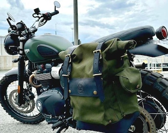 Motorcycle Pannier Waxed Canvas : Military Green Rolltop Saddlebag