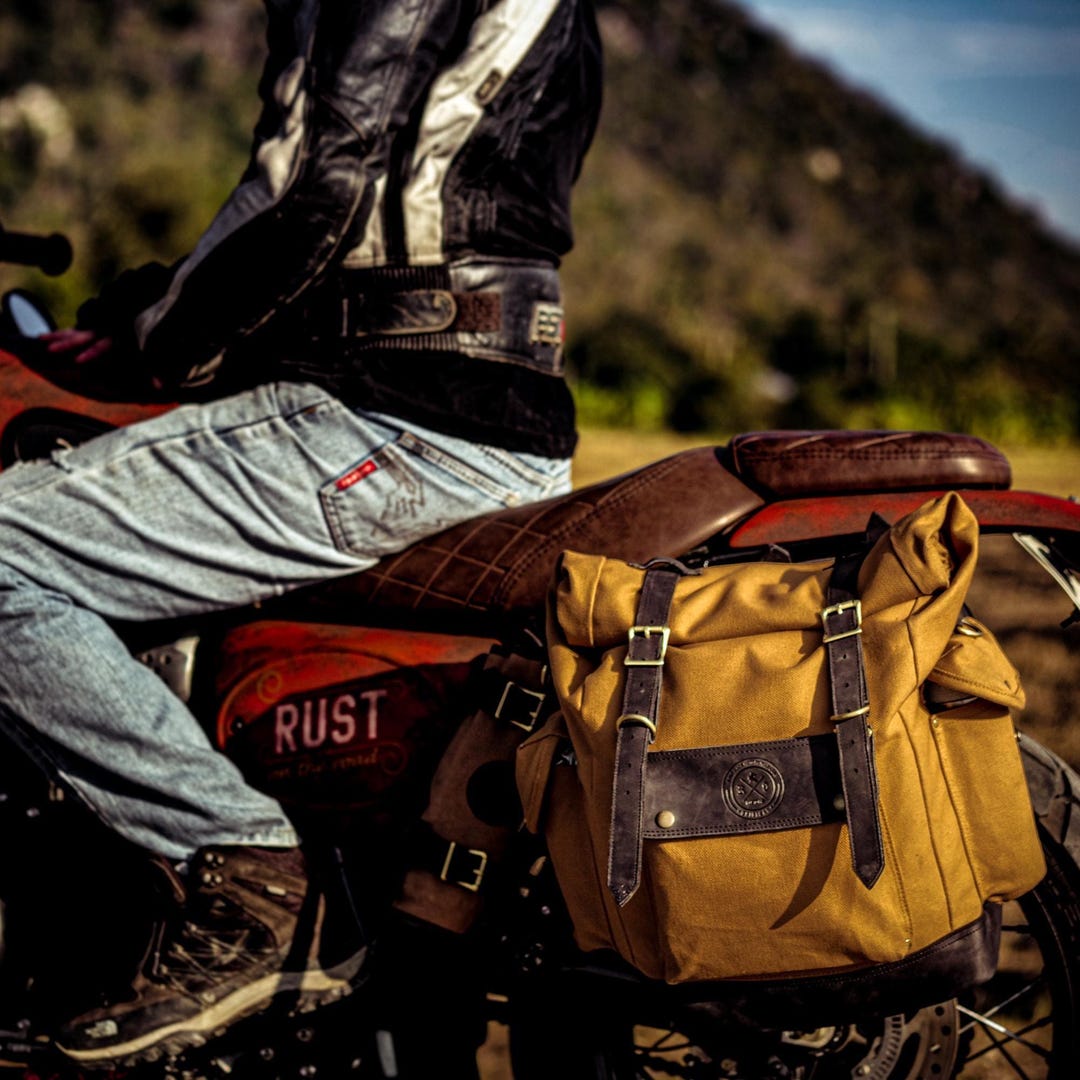 Waterproof Waxed Canvas Motorcycle Pannier: Desert Tan Saddlebag