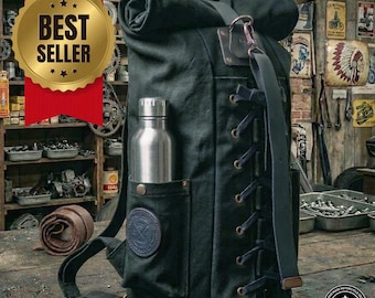 Sissybar Bag - Harley Davidson Chopper Softail | Rolltop Waxed Canvas (Desert Tan) R9Kustoms Original