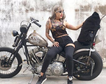 Sissy Bar Bag Waxed Canvas Chopper Bobber Harley Davidson | R9Kustoms Black - R9Kustoms Original