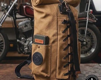 Sissybar Bag - Harley Davidson Chopper Softail | Rolltop Waxed Canvas (Desert Tan) R9Kustoms Original