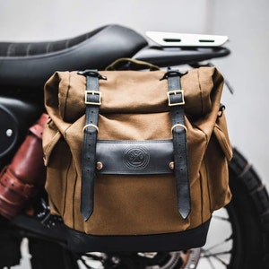 Motorcycle Pannier Saddlebag Waterproof Waxed Canvas Multi Fit (Desert Tan) Triumph T100/T120/Scrambler/Bonneville/Royal Enfield R9Kustoms