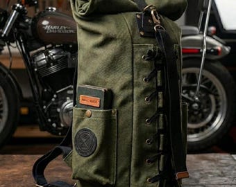 Sissybar Bag Waxed Canvas Chopper Bobber Harley Davidson | R9Kustoms Military Green