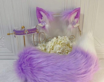 Bright Pink Dog Ears And Tail Set White Marabou Handmade Fancy Dress Unique Item 