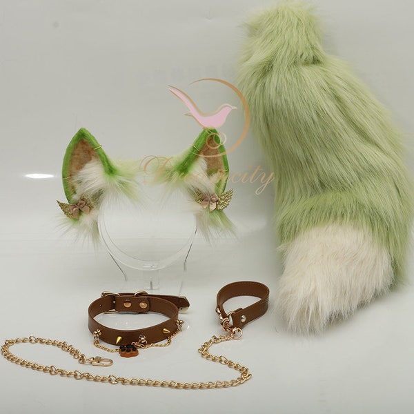 Matcha fox ears and fox tail handmade - collar - pet leash -cosplay props-animal claws and animal plush shoe covers-holiday gifts-plush toys