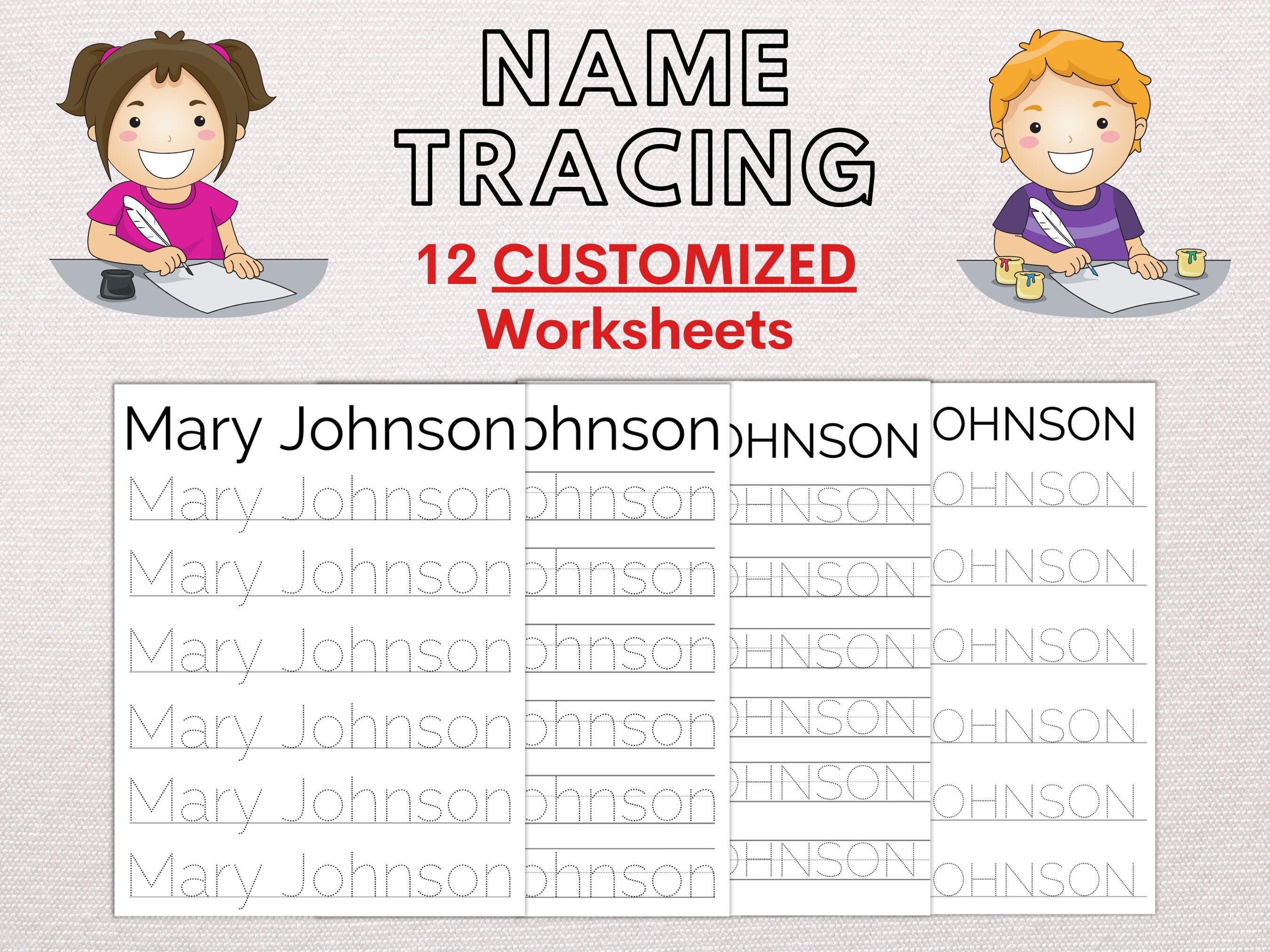 name tracing worksheet set of 12 for kids custom trace etsy
