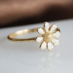 Daisy Ring 14k Gold Flower Band White Enamel Leaf Ring Minimalist Gold Ring Promise Anniversary Ring Thanksgiving Day Christmas Gift For Her image 1