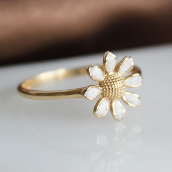 Daisy Ring 14k Gold Flower Band White Enamel Leaf Ring Minimalist Gold Ring Promise Anniversary Ring Thanksgiving Day Christmas Gift For Her