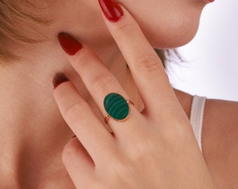 Genuine Natural Malachite Stone Ring 14k Gold Vintage Style Oval Ring Gold Boho Ring Handmade Jewelry Gift For Women Christmas Gift