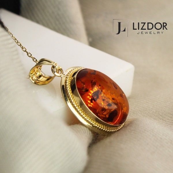 Amber Necklace 14k Gold Genuine Amber Pendant Natural Raw Stone Necklace Oval Amber Necklace Vintage Style Jewelry Christmas Gift For Her