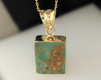 Genuine Turquoise Necklace 14k Gold Square Turquoise Pendant Raw Stone Boho Necklace Vintage Style Handmade Jewelry Christmas Gift For Her