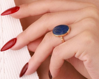 Genuine Natural Lapis Lazuli Stone Ring 14k Gold Vintage Style Oval Ring Gold Boho Ring Handmade Jewelry Gift For Women Christmas Gift