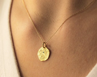 14k Gold Medallion Necklace Gold Coin Necklace Small Disc Necklace Hamsa Hand Coin Necklace Evil Eye Medallion Necklace Gift For Her
