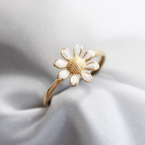 Daisy Ring 14k Gold Flower Band White Enamel Leaf Ring Minimalist Gold Ring Promise Anniversary Ring Thanksgiving Day Christmas Gift For Her image 2