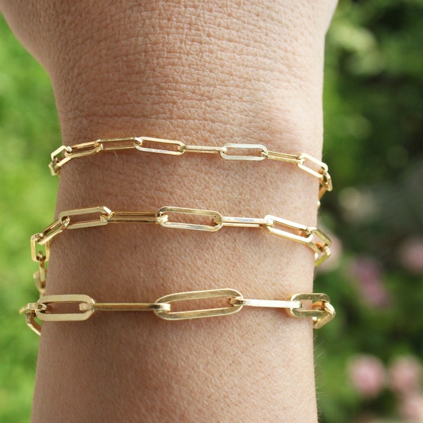 14k Gold Paperclip Chain Bracelet Rectangle Link Chain Gold Open Link Layering Chain Elongated Paperclip Chain Bracelet Christmas Gift