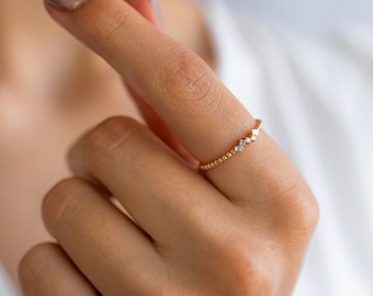 Bead Ring Baguette Shining Diamond Gemstone Beaded Ring 14k Solid Gold Minimalist Stackable Ring Elegant Mother's Day Friend Gift For Her