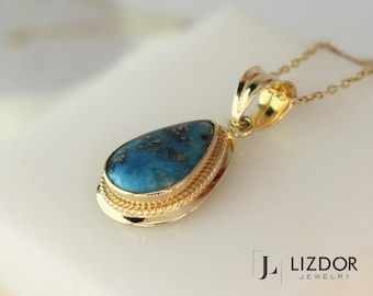 Genuine Turquoise Necklace 14k Solid Gold Raw Teardrop Turquoise Ring Vintage Style Jewelry Gold Boho Necklace Gift For Women Christmas Gift