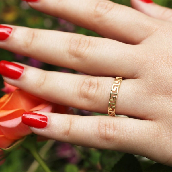 14k Solid Gold Labyrinth Ring Meander Gold Ring Greek Key Ring Valentine's Gift Christmas Gift For Her Women