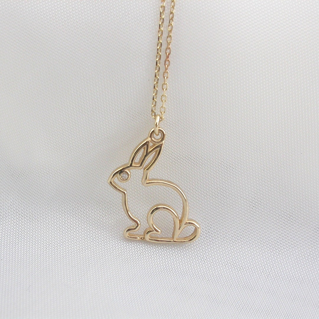Gold Rabbit Necklace 14k Solid Gold Animal Jewelry Diamond Gemstone