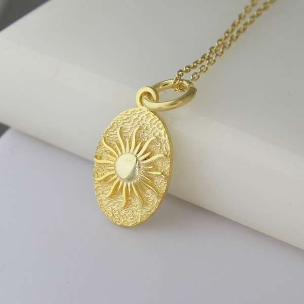 Collar de monedas de sol 14k oro sólido elegante collar celestial oro medallón ovalado collar de monedas regalo de cumpleaños para las mujeres regalo de Navidad