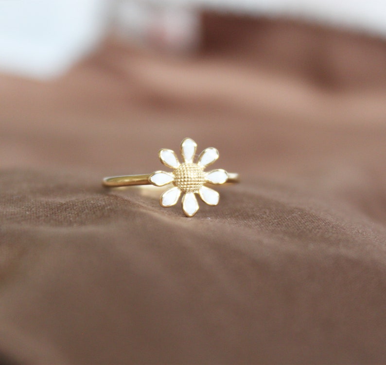 Daisy Ring 14k Gold Flower Band White Enamel Leaf Ring Minimalist Gold Ring Promise Anniversary Ring Thanksgiving Day Christmas Gift For Her image 8