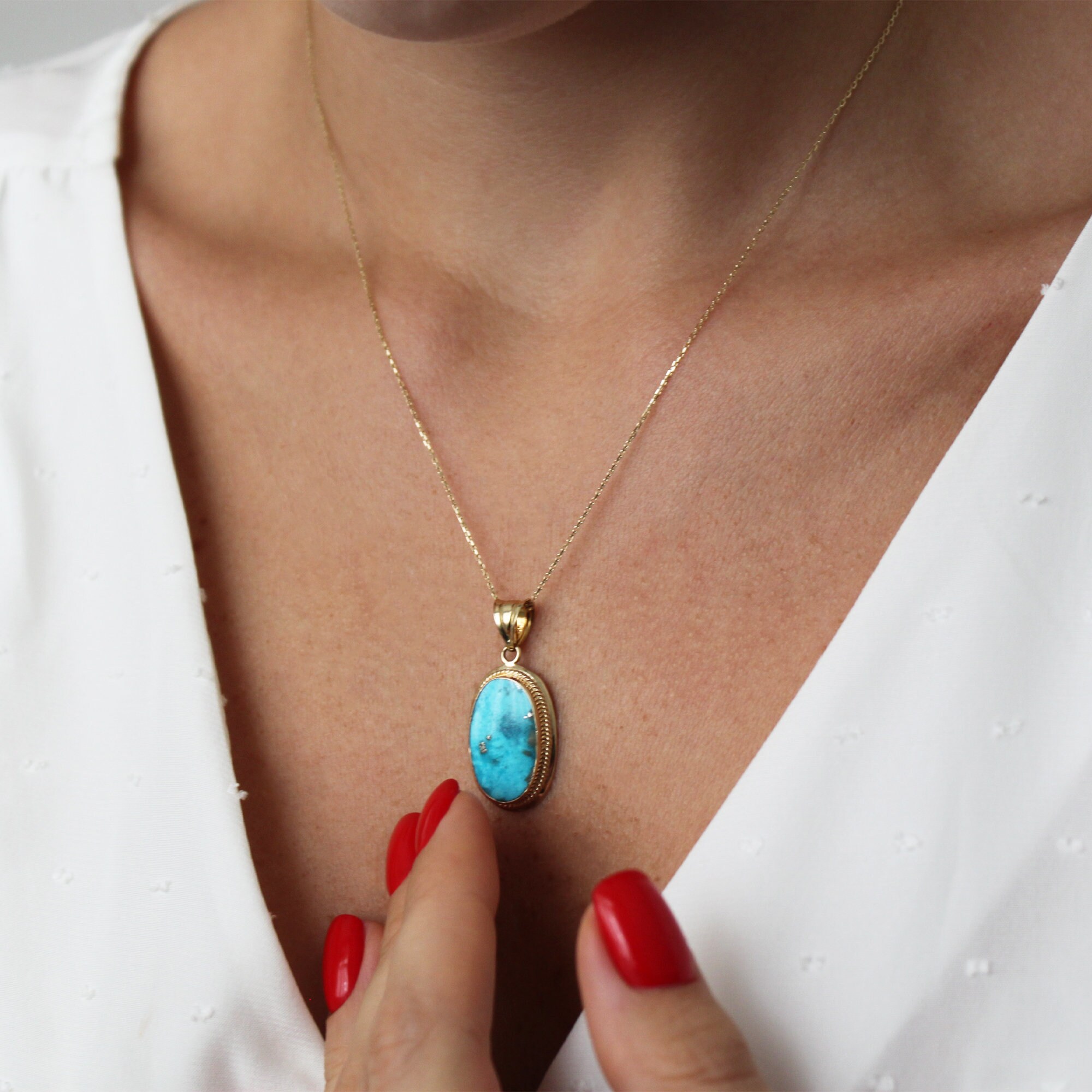 Oval Turquoise Necklace Gold Real Turquoise Necklace Vintage Etsy